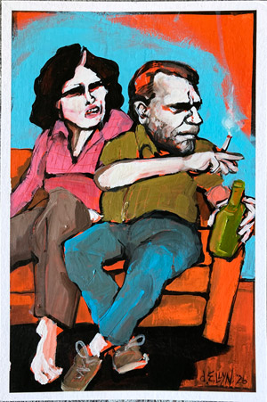Love Seat — acrylic painting by Dana Ellyn of a couple on a couch, inspired by Linda King and Charles Bukowski