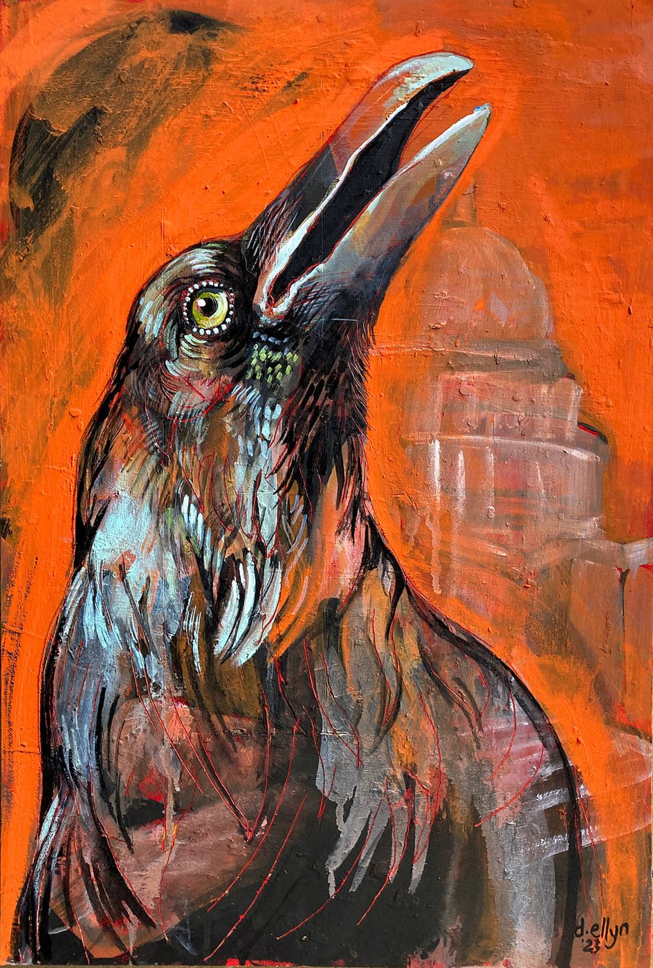 Capital Crow by Dana Ellyn, acrylic on board: a crow with its beak open against a bright orange ground, the Capitol dome behind