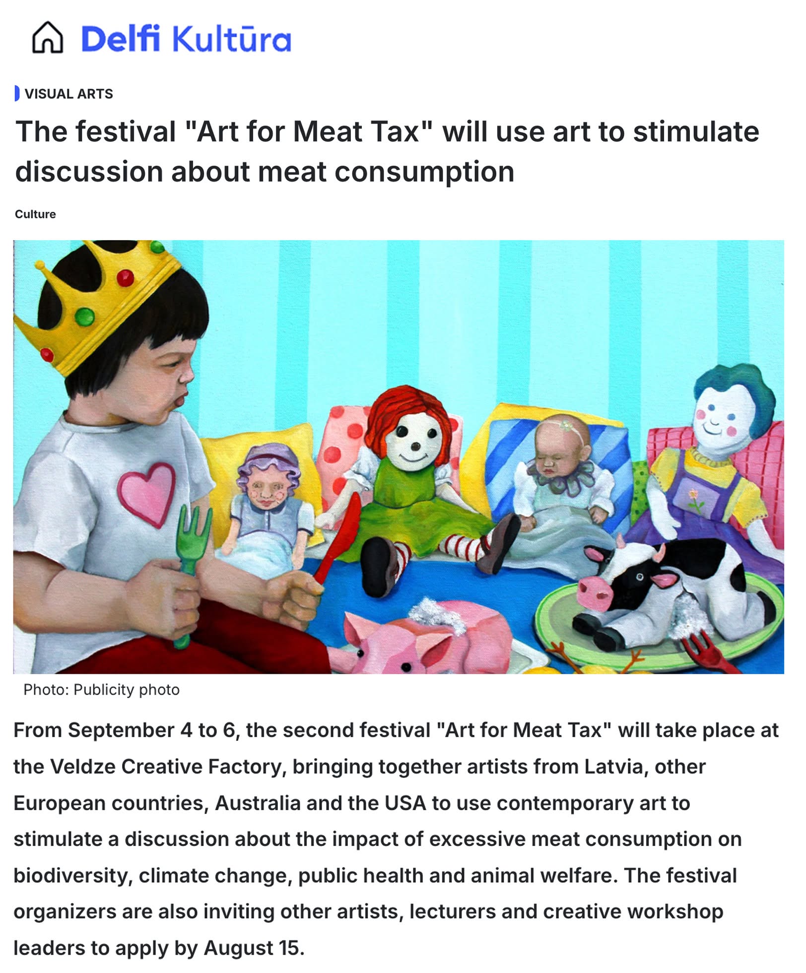 Delfi article: The Art for Meat Tax festival will use art to stimulate discussion about meat consumption